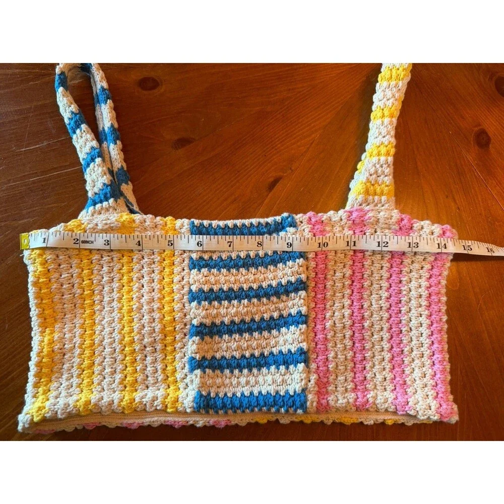 Zara NWT Women’s S Crochet Knit Tote Bag Multicolor Striped Cotton Boho